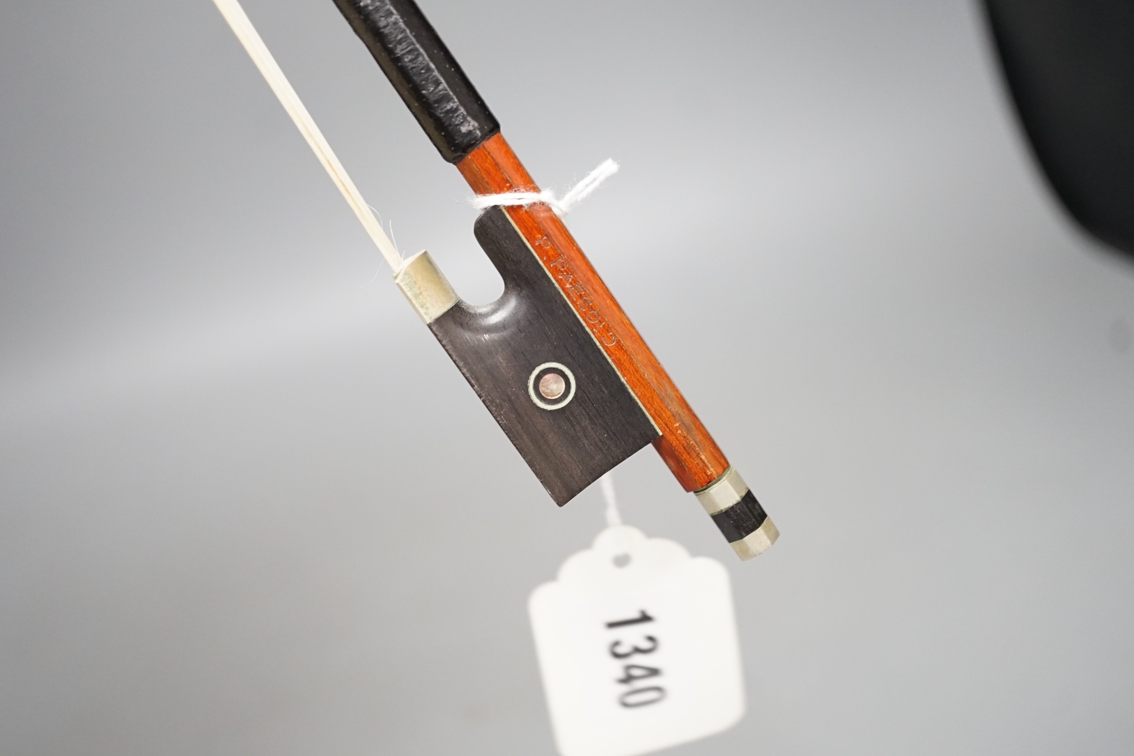 An R. Paesold, Germany violin bow with ivory veneered tip, 74cm